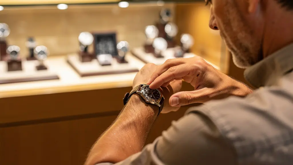 Client essayant une montre automatique en boutique horlogère parisienne