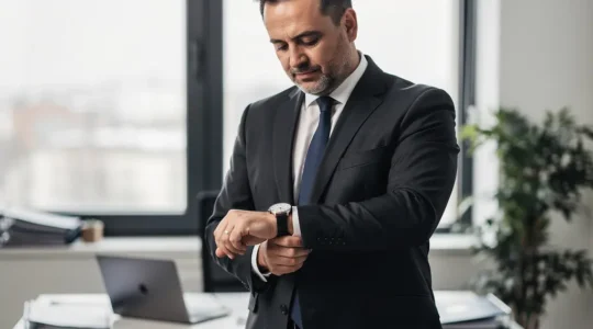 Homme d'affaires consultant sa montre automatique au poignet dans un environnement professionnel