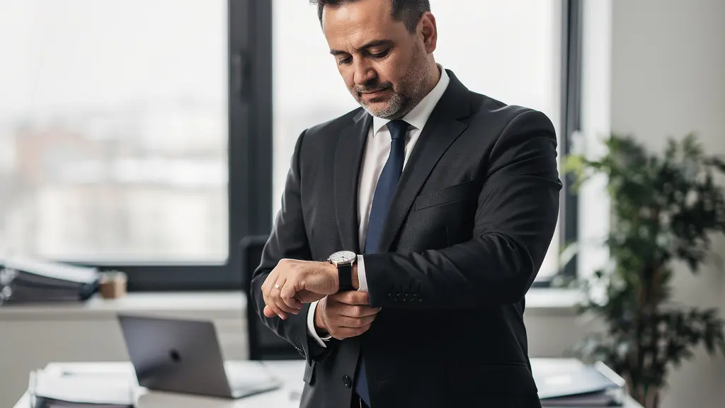 Homme d'affaires consultant sa montre automatique au poignet dans un environnement professionnel