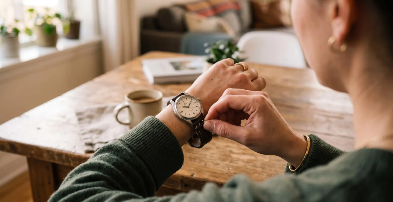 Une personne libère le levier à ressort pour détacher le bracelet de sa montre.